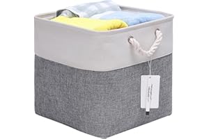 CREADARD Fabric Cube Storage Box, 13x13x13 inch Foldable Linen Cube Storage Basket for Nursery and Home, Collapsible Canvas Shelf Basket for Wardrobe or Bedroom, Grey and White