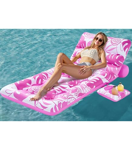 Radeau De Piscine Gonflable – Rose, Avec Appui-tête Et Repose-pieds, Filet Central, Capacité 120 Kg, Pour Adulte