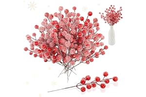 RobLuX 24 Pcs Artificial Frosted Berries Stems Rote Beeren Deko Weihnachten mit 12 volle Glasur Künstliche Beerenzweige 12 Halbe Glasur Künstliche Rote Beeren für zweige deko Weihnachten DIY Crafts