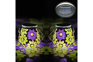 TOTHDATE 2PCS Oval Solar Mosaic Lights Outdoor Garden, On/Off Glass Hanging Solar Mosaic Lanterns Lights IP65 Waterproof for Table Lawn Path Courtyard Deck Fence, Flowers Mosaic Light