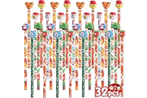 SULOLI 32PCS Christmas Pencils with Eraser Toppers Xmas Novelty Rubbers Stocking Fillers Christmas Eve Box Fillers Party Favours Kids Stationery for Boys and Girls