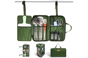 E EASTSTORM Camping Accessories Kitchen Utensil Set,12 Pcs Organizer Travel Kit with Multifunctional Cutlery,Stainless Steel Spoon Spatula,Tongs,Waterproof Storage Bag,Equipment