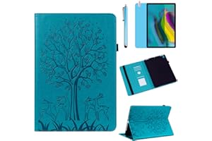 R.SHENGTE Étui pour Samsung Galaxy Tab S5e 10,5" 2019 (SM-T720 SM-T725 SM-T727), cuir PU souple silicone coque arrière avec support pour cartes, stylet et film d'écran (bleu arbre)
