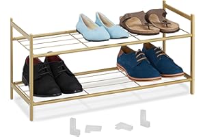 Relaxdays Metalowy regał na buty, 2 poziomy, możliwość układania w stos, stojak na buty wys. x szer. x gł. x wys. x gł. x 70 x 26 cm, 6 par butów, otwarty, złoty