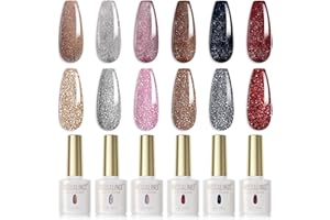 ROSALIND Zestaw lakierów do paznokci UV, 6 kolorów, brokat, brązowy, szary, różowy, czarny, czerwony, żelowy lakier do paznokci UV/LED, kolorowy żel do paznokci żelowych, soak off Nail Polish Salon