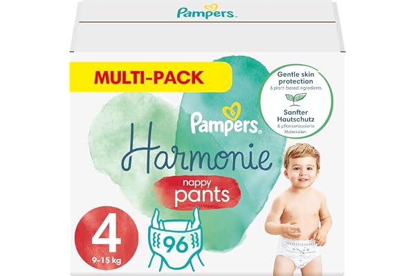Pampers Harmony Pants Größe 4 (9-15kg) 0% Kompromiss, 100% Saugfähigkeit, pflanzliche Inhaltsstoffe, leicht zu wechseln, 96 Windeln (4x24er Pack)