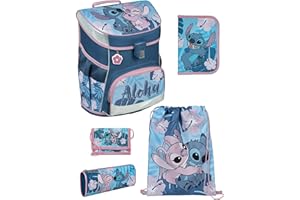 Familando Mädchen Schulranzen 1. Klasse · Scooli Campus Fit Schultasche · ergonomisch & leicht · Kinder Schulranzen Set für Mädchen (5-teilig mit Federmappe, Disney Stitch)