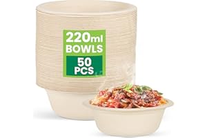 Hejo 50 Pièces Bols en Papier, 220ml Vaisselle 100% Biodégradables, Assiettes, Couvert, Bols en Canne à Sucre Compostable pour Usage Quotidien et Dehors Party