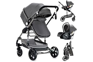 Nine point nine Poussette 3 en 1, Poussette Bebe avec Double Modes de Poussée Réversibles, Poussette Canne avec Grande Nacelle Confortable, Pousette avec Cadre Aluminium Haute Paysage (739 Grey)