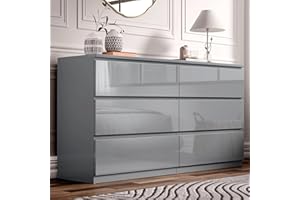 Blisswood High Gloss Chest of Drawer, 6 Drawer Bedroom Chest of Drawer Bedside Table Cabinet for Bedroom Living room Furniture, Grey, 120W x 40D x 77H cm