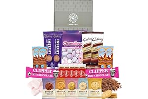 A AMOUSA Hot Chocolate Gift Set - This Hot Chocolate Hamper includes 10x Mixed Sachets, 1x pack of Marshmallows, 5x Biscoff Biscuits & 5x 2pk Border Biscuits. Gift Set for Women, Men & Children.