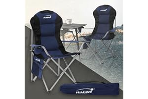 Hauki Chaise de Camping Pliable, Bleu, Chaise de Pêche avec Porte-Boisson et Sac de Transport, jusqu'à 150kg, Extra Large, Chaise Longue Rembourrée, Dossier Haut, Chaise d'Extérieur Jardin Portable