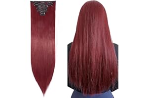 Silk-co Hairpiece Extensions Clip in Hair Extension Long Straight 8 Pcs Full Head 18 Clips Synthetic Heat Resistant [26" Maroon&Dark Red]