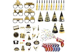 YYSWSAKY 2026 Decoracion Nochevieja Set, 22 Photocall Fin De Año, 6 Gafas Fiesta, 6 Sombreros Fiesta, 6 Plata Bocina, 6 Oro Bocina, 6 Cañon Confeti, Happy New Year Party Decoracion
