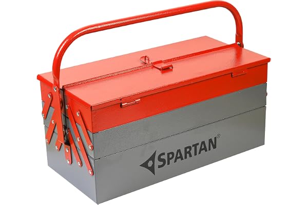 Spartan 17 Inch Portable Metal Tool Box with 5 Fold-Out Trays, Secure Locking System & Easy-Grip Round Handle Heavy-Duty Rust-Resistant Storage Organizer for DIY, Home Repair, Garage & Jobsite Use