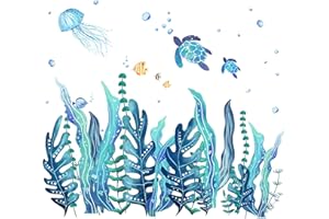 TENARE 5 Fogli Adesivi Murali 3D con Alghe Oceaniche Adesivi Murali Sottomarini Adesivi Murali in Vinile Removibili con Tartarughe Marine e Pesci Meduse per Camera Bagno Decorazione
