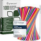 Greenland Pack of 100 Reusable Multi-Coloured Straws with Brush - 21cm Long, 6mm Wide - Perfect for Cocktails, Milk, Juices a