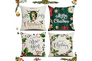 SUNSHINE SMILE 4 Pack Fundas navideñas para Cojines,Funda Almohada de Lino de Navidad,Funda de Almohada Navideñas para el Hogar,Decoracion Fundas Cojines de Navideños,Algodón Lino Throw Pillow Case (A)