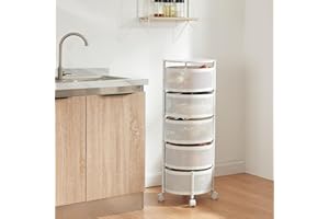 [en.casa] Rollwagen Steigen mit 5 Ebenen mehrlagiges Küchenregal mit Rädern Servierwagen aus Stahl ausklappbare Körbe Regal für Küche, Bad 89,5 x Ø33 cm Weiß