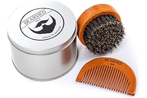 BEARDED BEN CLASSY & NATURAL BEARDED BEN Cepillo para Barba con Cerdas de Jabalí - Para Cuidado de la Barba - Set con Caja de Almacenamiento con Peine de Barba y Teca Marrón - Diámetro 6.3 cm