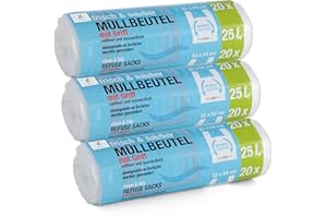 SUNMONDO Lot de 3 x 20 sacs poubelle - 25 l - Premiumline - Particulièrement résistants à la déchirure et imperméables - Avec poignée de transport/anse - Dimensions : 53 x 54 cm.