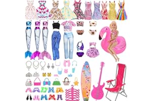 HEAWAA Zestaw ubranek dla lalek i akcesoria, 47 szt., z kwiatową sukienką, topem, spodniami, bikini, sukienką, butami, torebkami, biżuterią, zestaw akcesoriów dla lalek 30 cm dla dziewczynki