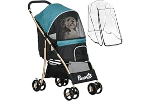 PawHut Dog Stroller with Rain Cover, Foldable Dog Pram, 4 Wheels Pet Pushchair with Safety Leashes, for Small, Miniature Dogs, Cats - Dark Green