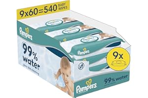 Pampers 99% D'Eau Lingettes Pour Bébé, 9 Paquets De 60 Lingettes = 540 Lingettes, Lotion Douce Avec 99% D’Eau