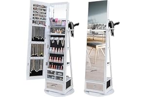 COSTWAY 360° Swivel Jewellery Cabinet, LED Lights Lockable Jewelry Armoire with Full Length Mirror, Large Storage, Hairdryer Mount & Rear Shelves, Freestanding Jewellery Organiser Unit (White)