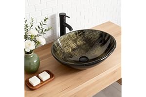 YU YUSING Lavabo Vasque à Poser Rond en Verre avec Ensemble de Robinets, Lave-Mains, pour Salle de Bain, Cuisine, WC d'invités, Doré Rond Moderne, 42 x 42 x 14 cm