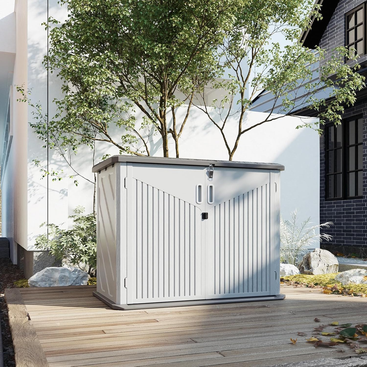 Aoxun 900L Resin Outdoor Storage Box, Waterproof Garden Tool Storage Cabinet with Anti-Topple Base, Heavy Duty Horizontal Wheelie Bin Shed Box for Patio, Backyard & Side Alley