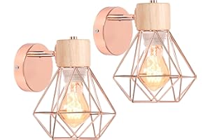 iDEGU Lot de 2 Appliques Murales Industrielles Design Cage en Métal Lampe Murale Bois Décoration Ajustable Vintage Luminaire Interieur pour Chambre Couloir Salon, 16CM (Style-B Or Rose)