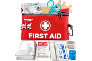 HONYAO First Aid Kit, 105 Pieces Small First Aid Kit, Includes Plasters, Emergency Foil Blanket, Burn Gel for Travel Car Home Workplace Kids Camping Hiking Motorbike Holiday, Red