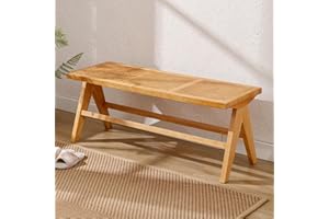 Ya-Home Rattan Dining Bench Modern Ottoman with Solid Wood Legs, Window Seat for Entryway/Dining Room, Natural Wood