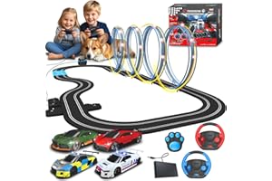 AGM MASTECH 18,7 pieds Set de circuit de voiture à slot, 4 voitures jouets lumineuses officiellement licenciées, commandes au volant et à pied,4 pistes en boucle clignotantes, modes de courant doubles