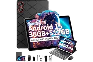 TIGERFU Android 15 Tablet, Tablet 11 Pollici con SIM e WiFi, 36GB+512GB (TF 1TB), 4G LTE e 5G WiFi, Widevine L1, 2000 * 1200 IPS, 8000mAh/8MP+13MP/OTG/GPS, Tablets con Tastiera/Mouse/Custodia - Nero