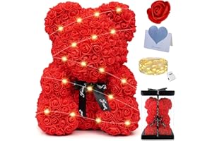 POWZOO Rosenbär Geschenke für Frauen,Rose Teddybär 25cm,Rot Rosenblumenbär mit Lichtern und Geschenkbox,Einzigartige Geschenke für Muttertag,Jubiläum,Hochzeiten,Valentinstagsgeschenk.