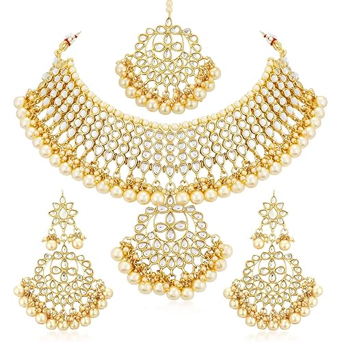 Sukkhi Trendy Kundan Gold Plated Pearl Choker Necklace Set with Dangler Earrings & Maangtikka for Women & Girls (N73544)