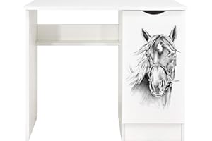 leomark Escritorio de Oficina con el Compartimiento - Roma/Dim: 90/50/77 (Alto) cm/Mesa de Ordenador para Niños, Blanco/Retrato de un Caballo, Mesa de Madera de Trabajo o Estudio