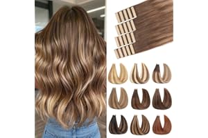 ShowJarlly Extensiones Adhesivas Pelo Natural 20pcs Extensiones Pelo Natural 35cm Marrón Chocolate Oro Caramelo Extension de Cabello Naturales Invisibile Cabello Humano Naturales 40g(14inch,4/4/27#)