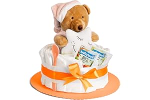‎HOMERY Windeltorte in Orange mit Kuscheltier für Mädchen oder Jungen, Geschenke zur Geburt für die Mutter, Taufe oder Baby-Party - Geschenkidee mit neugeborene Windeln - Inklusive Glückwunschkarte