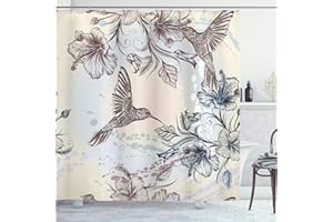ABAKUHAUS Zasłona prysznicowa, ptaki i kwiaty hibiskusa, nostalgia, antyczny, artystyczny projekt, klasyczny nadruk, tkanina materiałowa, zestaw do dekoracji łazienki z haczykami, 175 x 200 cm, morska