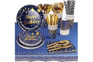 AIPartywar 193 Stück Partygeschirr Kindergeburtstag,24 Gäste Gold auf Dunkelblau Partygeschirr Party Set mit Becher Servietten Tischdecke Pappteller Geburtstag Mädchen für Party Geburtstag