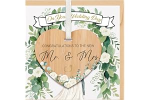 TheGiffter Wedding Card with Wooden Heart Plaque, Congratulations Cards with Envelope, On Your Wedding Day Gifts for Bride and Groom Mrs and Mrs