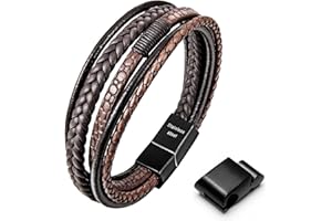 Speroto Men's Adjustable Premium Leather Bracelet - Black/Brown with Stainless Steel Magnetic Clasp, Multi-Layer Braided Genuine Leather Gift for Men/Women