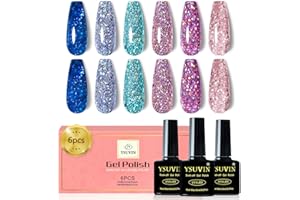YSUVIN Esmaltes Semipermanentes para Uñas Glitter, 6 Colores Brillo Azul Plata Oro Rojo Verde Pintauñas Semipermanentes, Esmalte Uñas Soak Off UV/LED Gel Uñas Diy Manicura Nail Art Set, 8ml