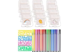A ABLUMEN Pack of 12 Fabric Bags for Painting for Children, 17 x 13 cm Children's Shoulder Bag + 18 Watercolour Pencils + 4 DIY Painting Stencils, Neck Pouch Shoulder Bags for Painting for School Party Gift