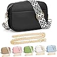 YILCER Crossbody Bag for Women, Small Leather Cross Body Bag Ladies Camera Handbag, Pom Pom London Bags Shoulder Bag with Changeable Guitar Wide Strap (2 Shoulder Straps) (B-black)