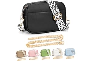 YILCER Crossbody Bag for Women, Small Leather Cross Body Bag Ladies Camera Handbag, Pom Pom London Bags Shoulder Bag with Changeable Guitar Wide Strap and Chain(2 Shoulder Straps)