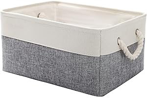CREADARD Small Storage Box with Cotton Handles, Fabric Foldable Linen Canvas Wardrobe Storage Baskets for Living Room, Laundry Room, Kids Room and Bedroom (GreyWhite 1pcs)
